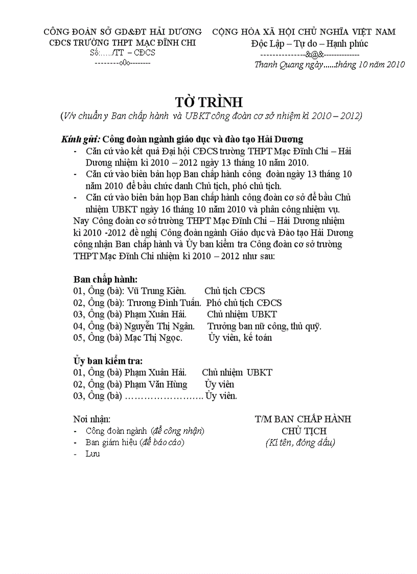 image for page Tờ trình công nhận BCH CĐ