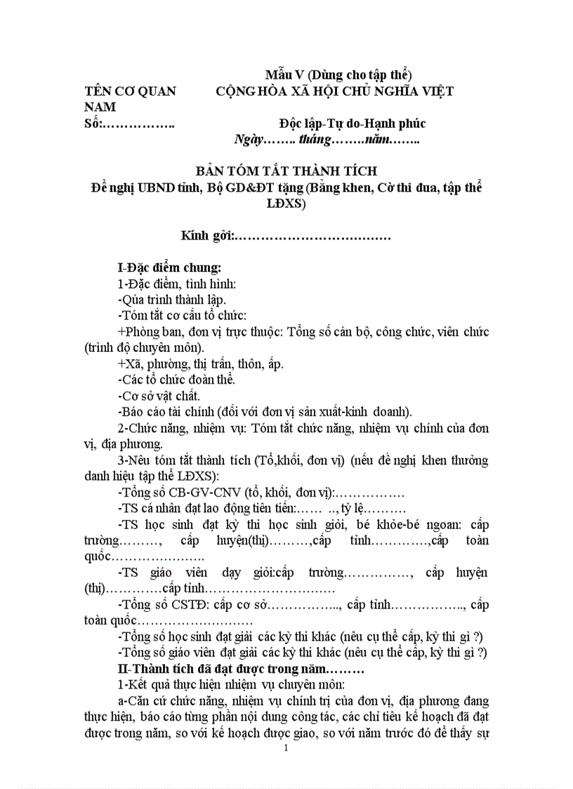 image for page Tóm tắt thành tích tập thể đề nghị khen thưởng