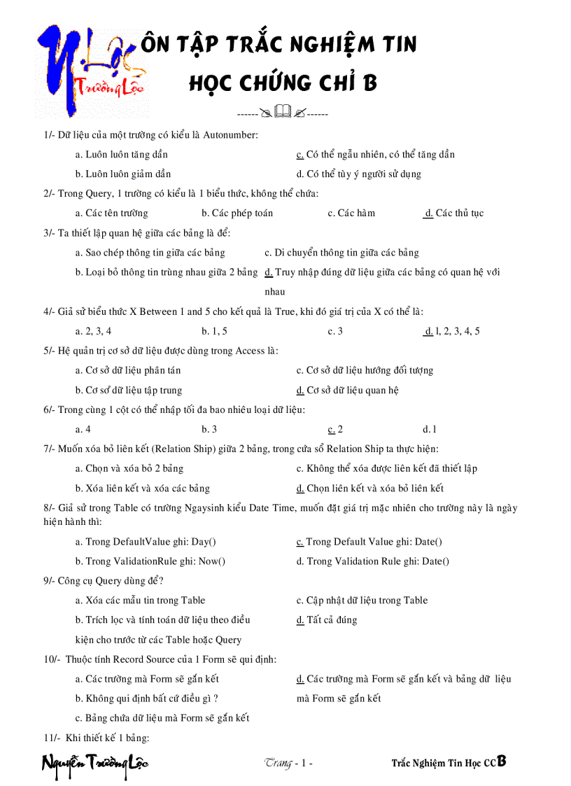 image for page Trắc nghiệm Access