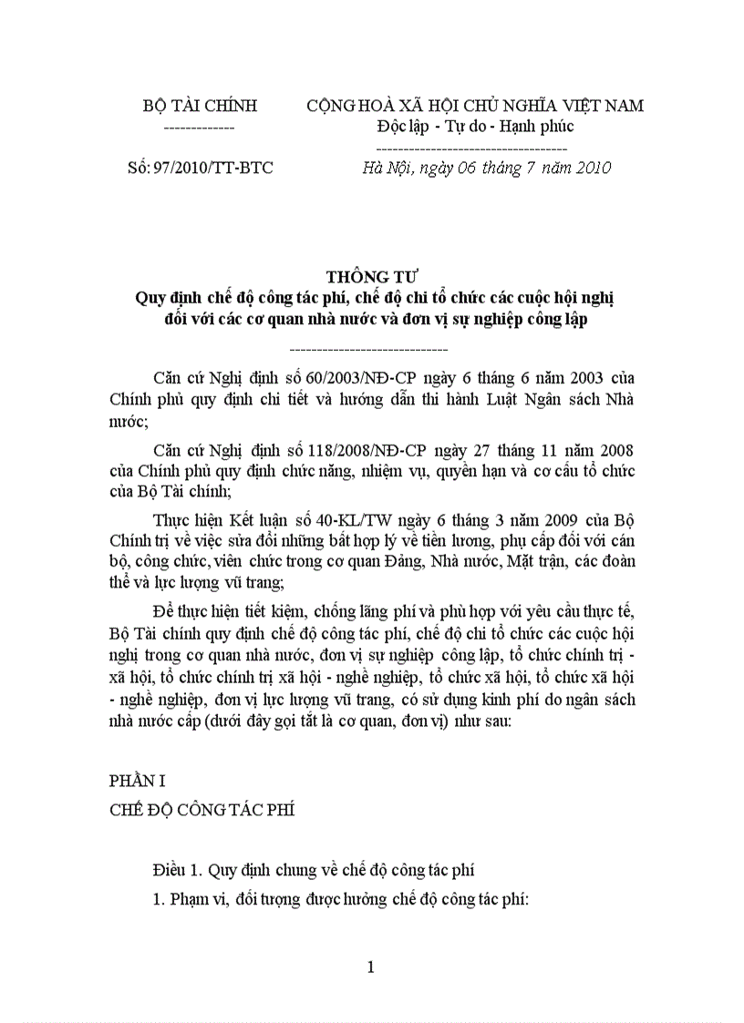 image for page TT 97 2010 TT BTC Quy dinh che do cong tac phi