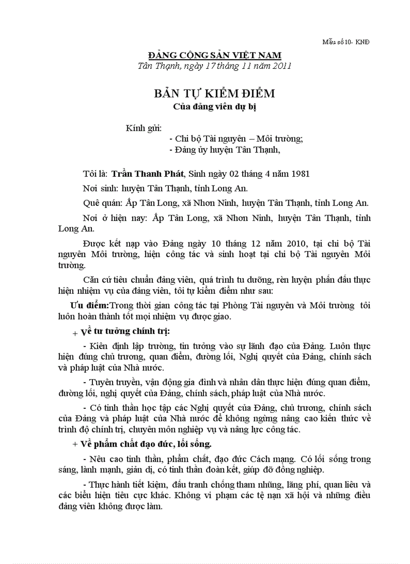 Tự Kiểm điểm Của đảng Vien Dự Bị Năm 2011