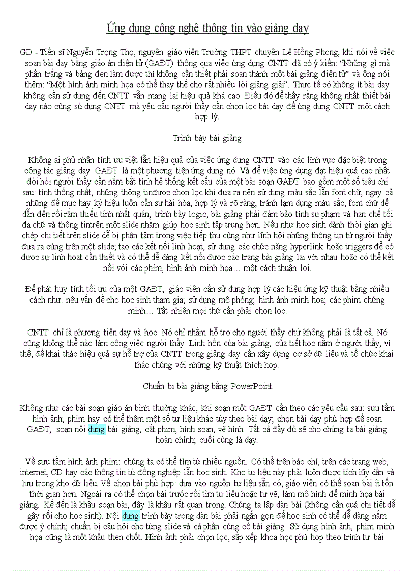 Ứng dụng công nghệ thông tin vào giảng dạy
