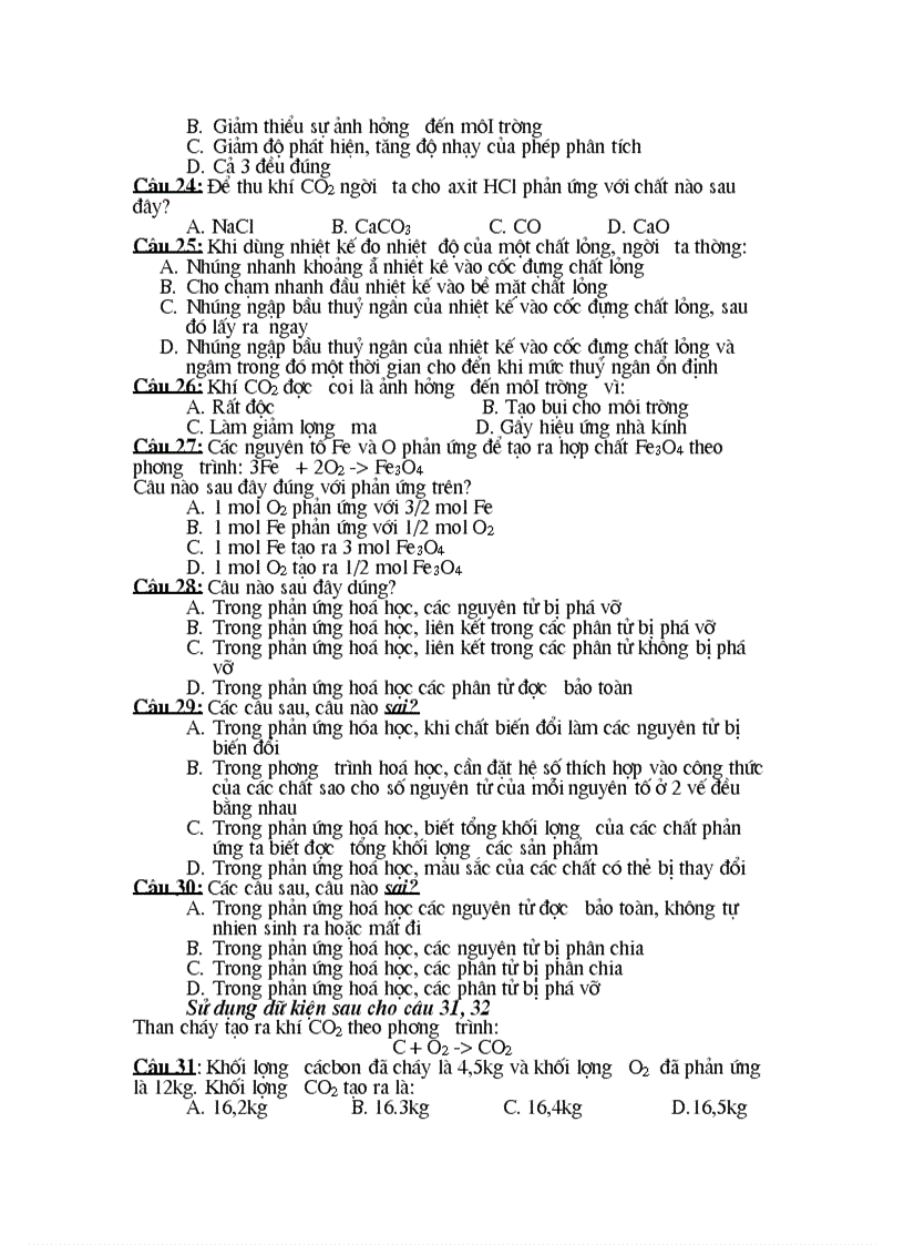 image for page 50 câu TN Hóa 8 chương I