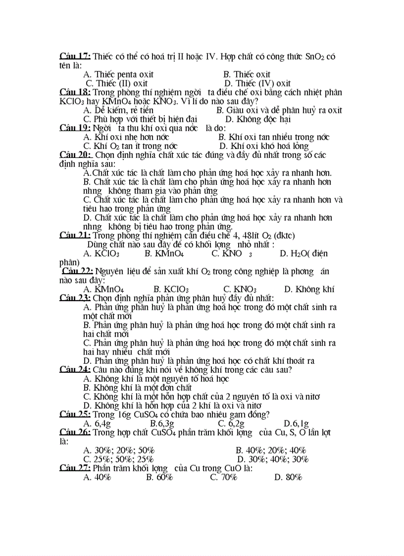 image for page 50 câu TN Hóa 8 chương IV