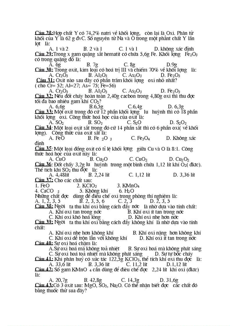 image for page 50 câu TN Hóa 8 chương IV