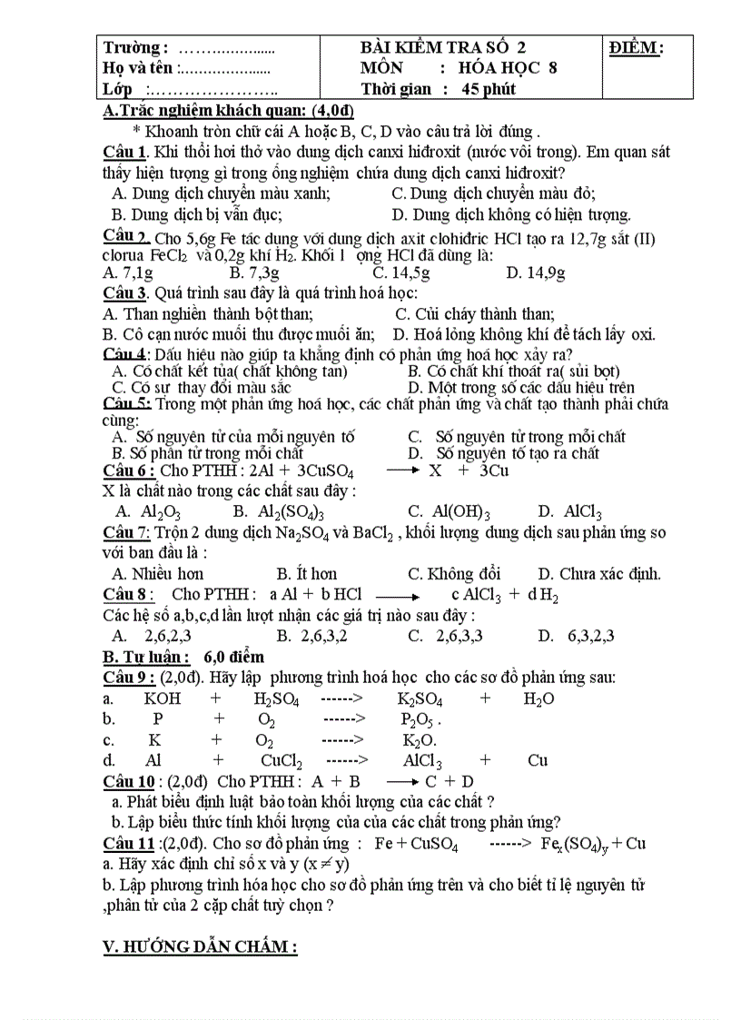 Bài kt số 2 hóa 8 tiết 25 có ma trận