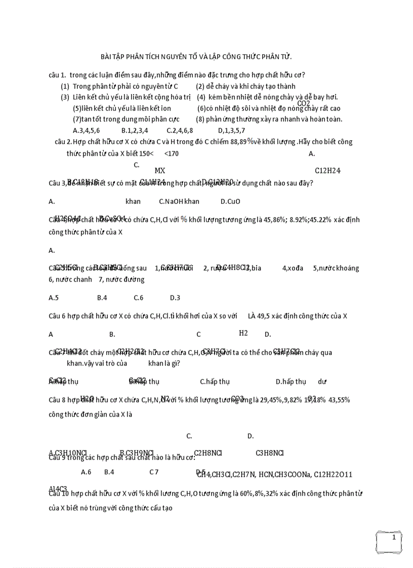 image for page Bài tập phân tích nguyên tố và lập công thức phân tử