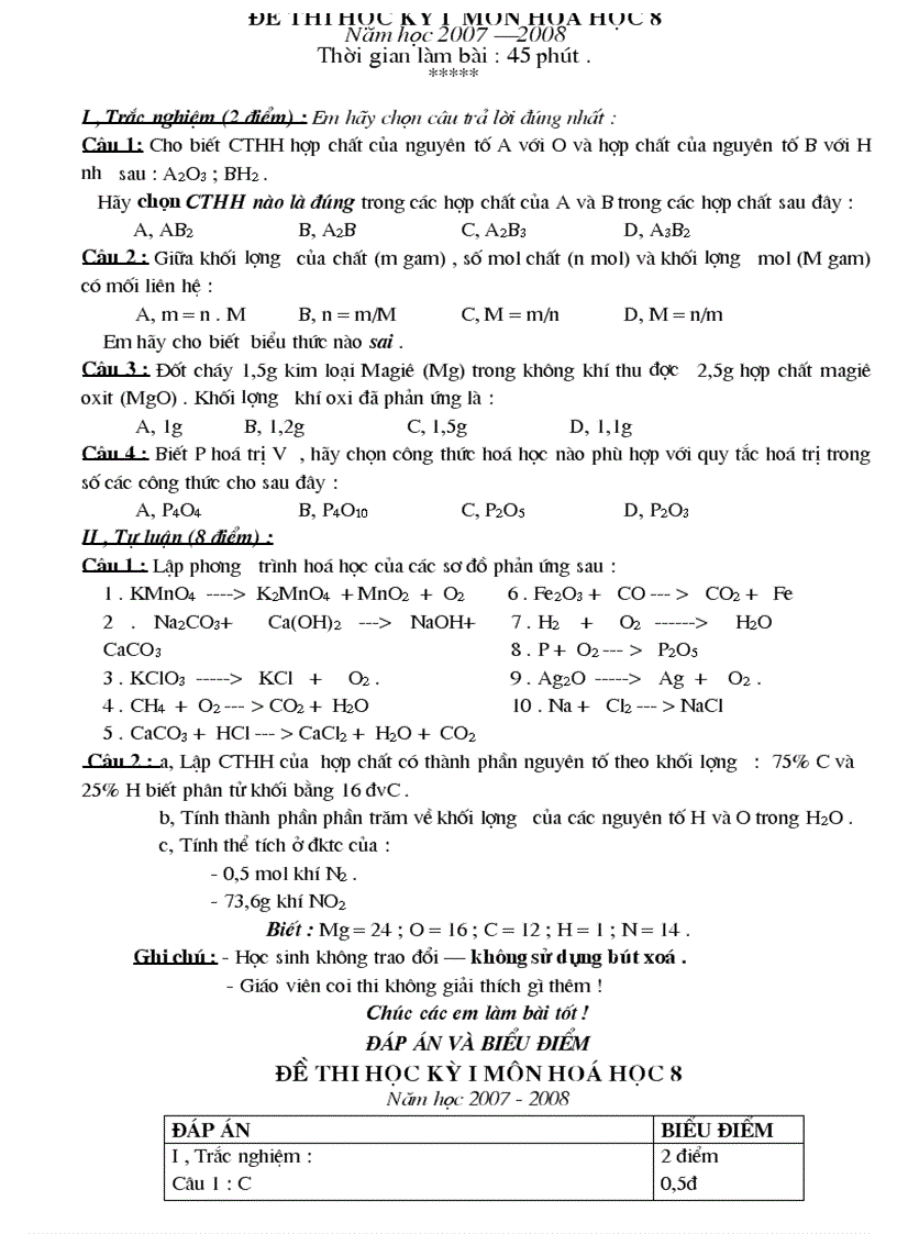 image for page Đề thi học kỳ I hóa học 8
