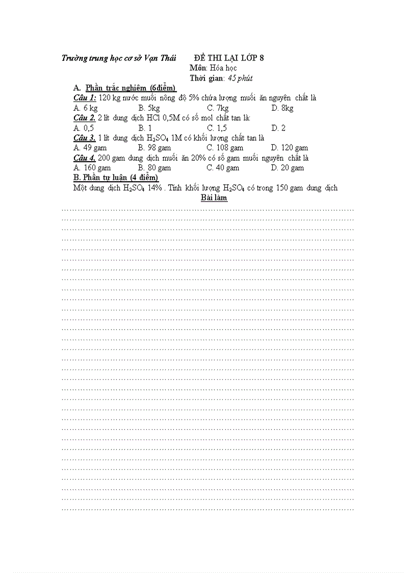 image for page Đề thi lại Hóa 8 kì I