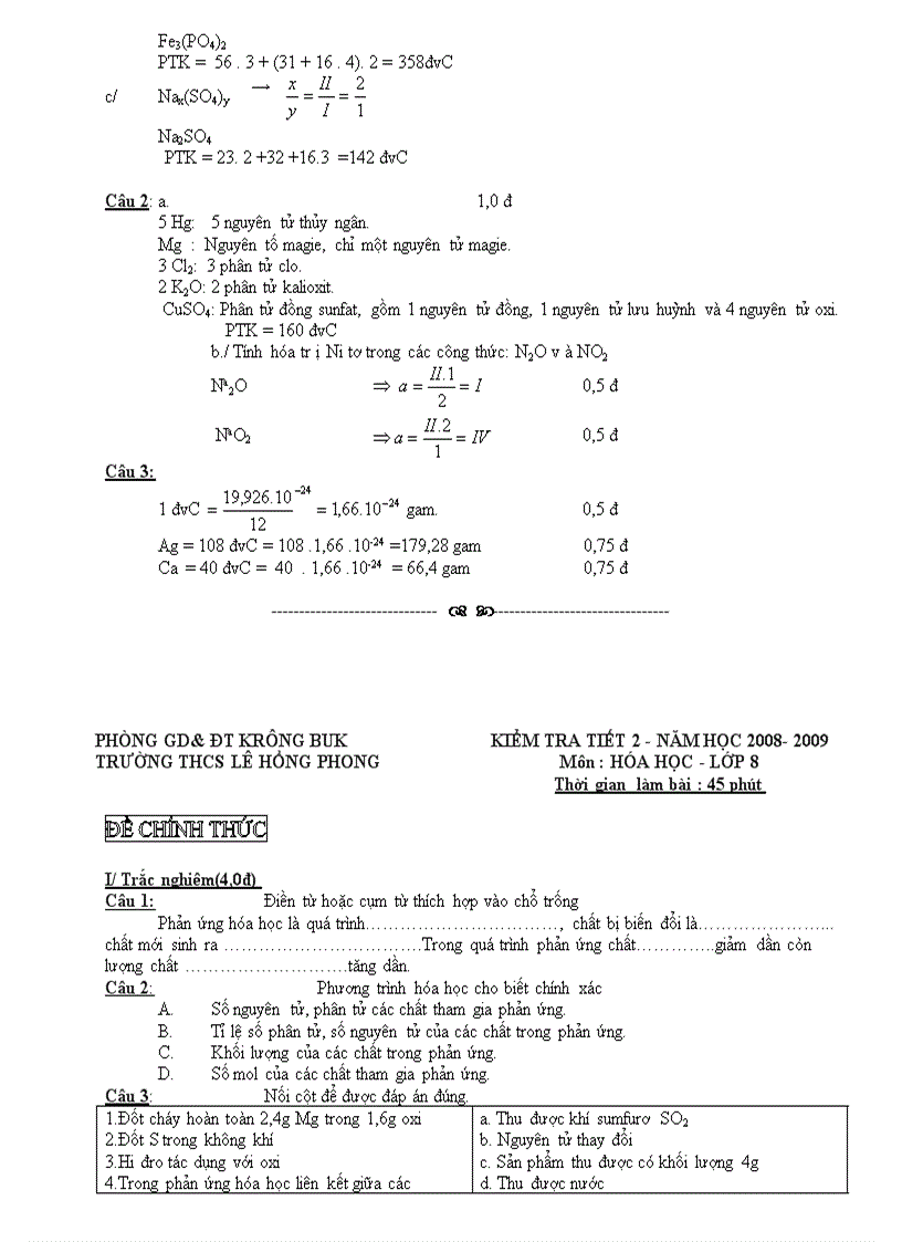 Đề và Đáp án KTCN Hóa 8