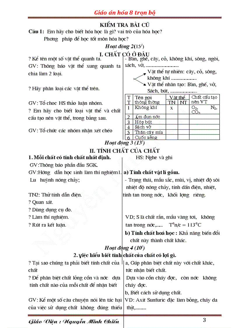 Giáo án hóa học 8 cả năm hot