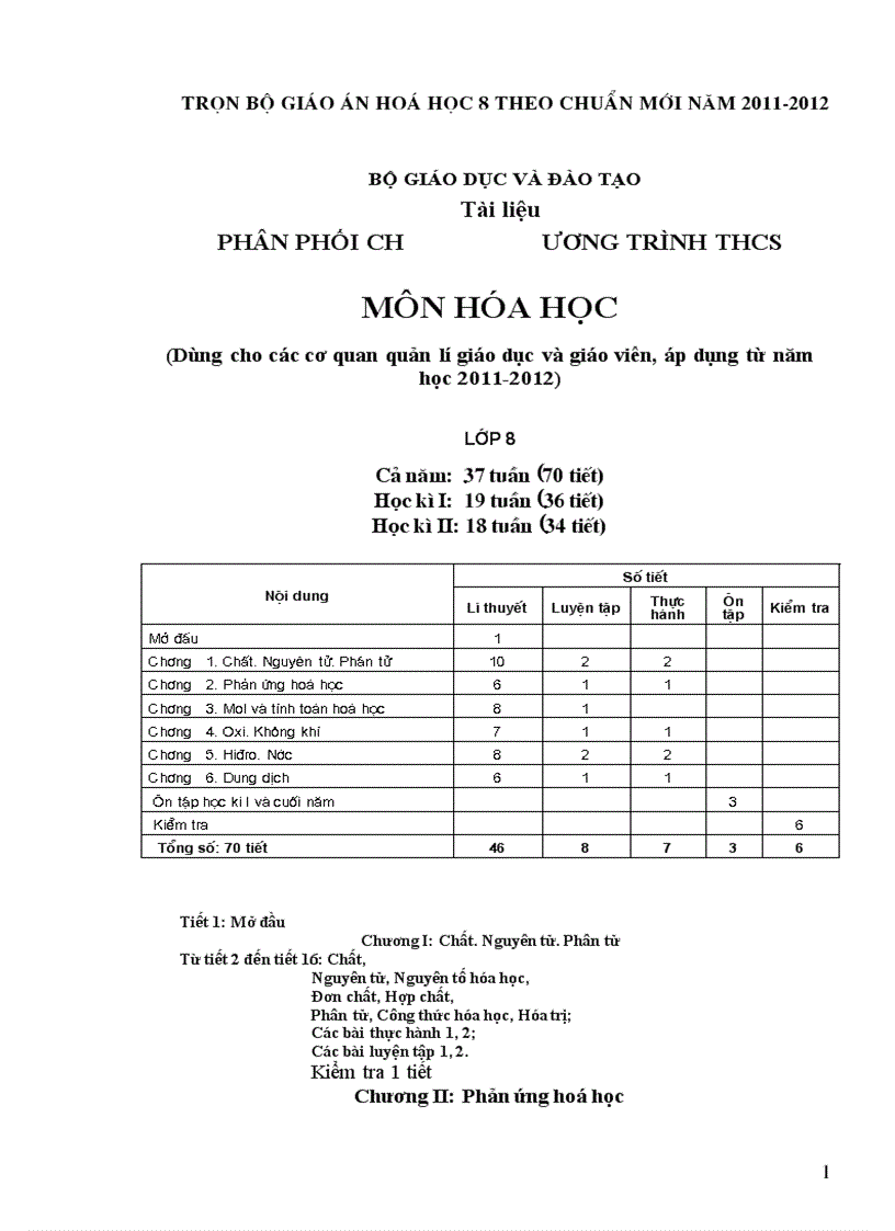 Giáo án Hóa học 8 chuẩn cả năm 2011 2012