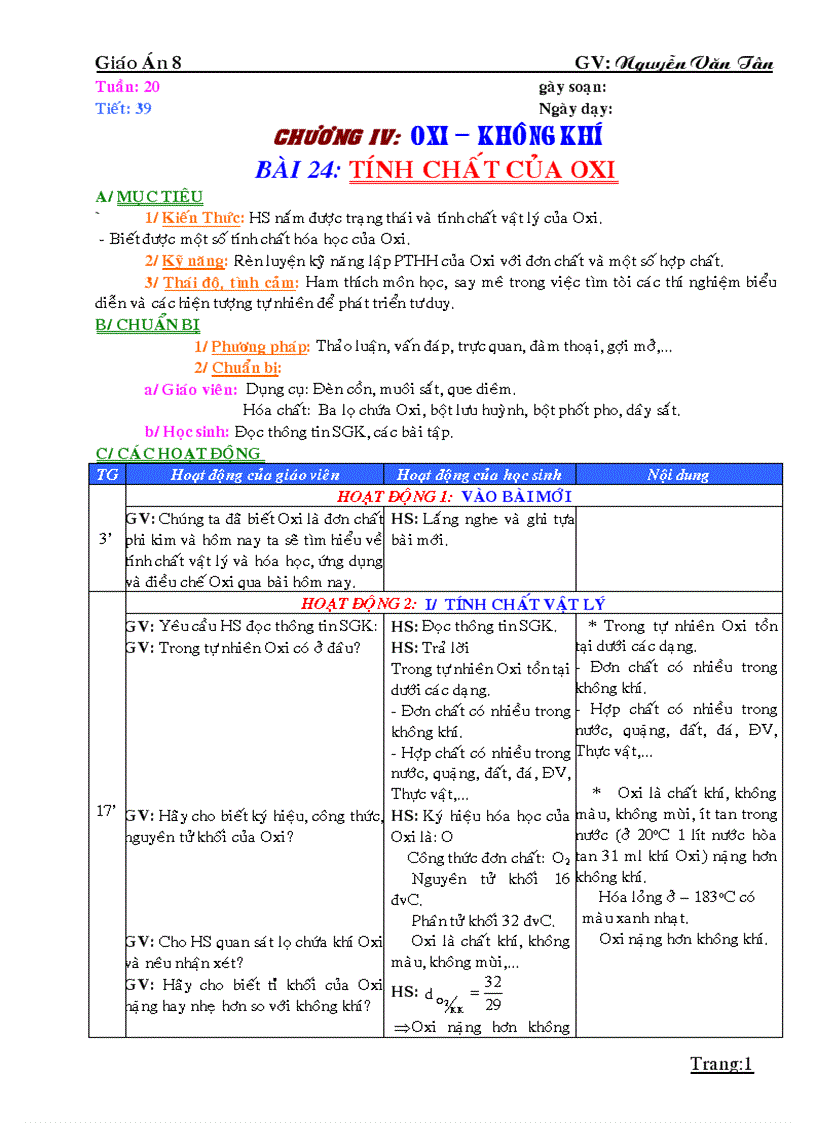 GIÁO ÁN HÓA HỌC 8 KHII 37 tuần