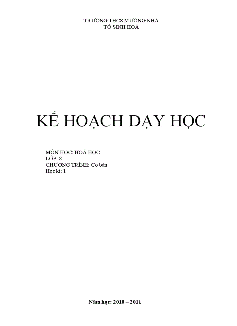 Kế hoach dạy học Hóa 8