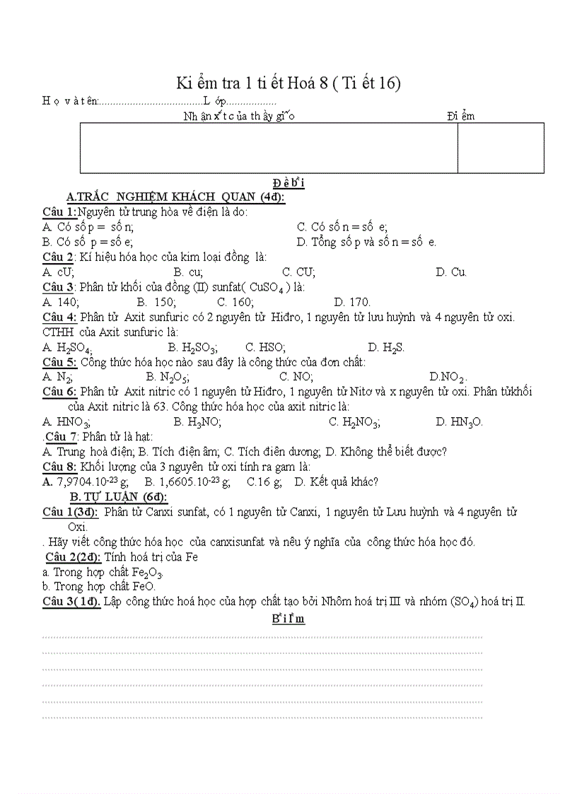 image for page Kiêm tra tiết 16 hóa học 8