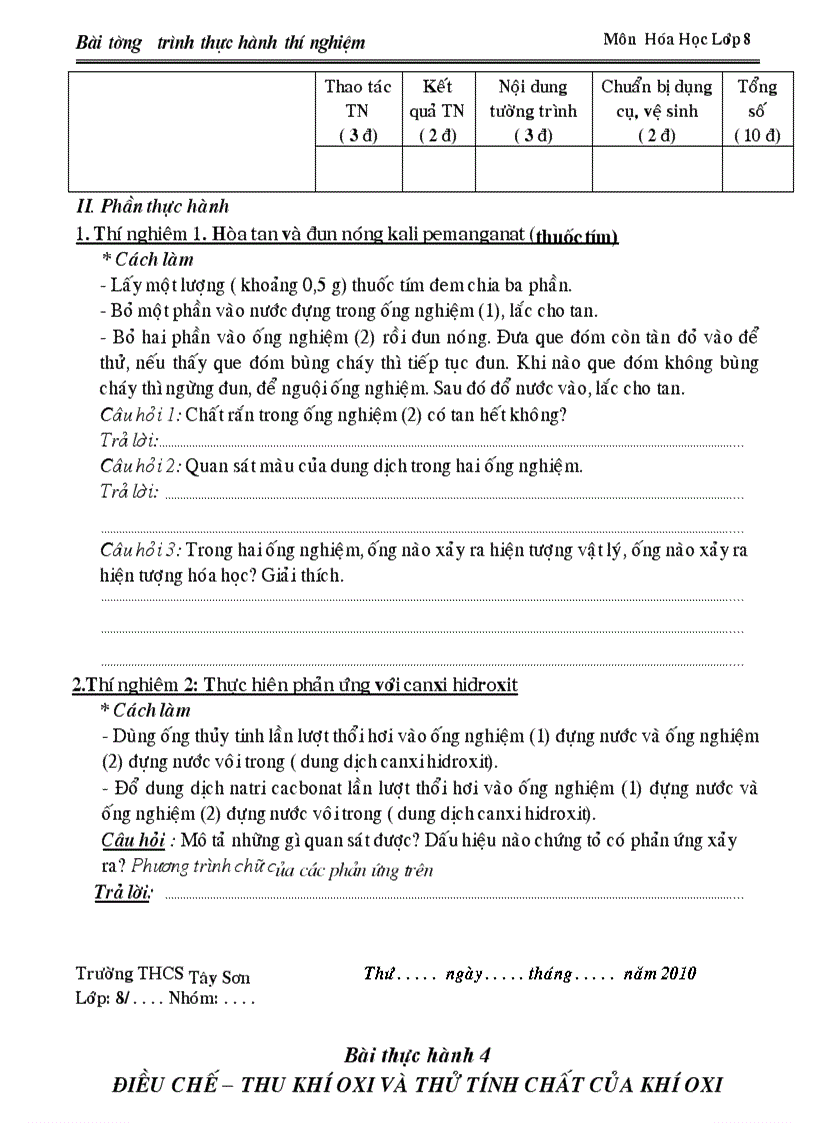 image for page Mâu các bài tường trình TN Hóa 8