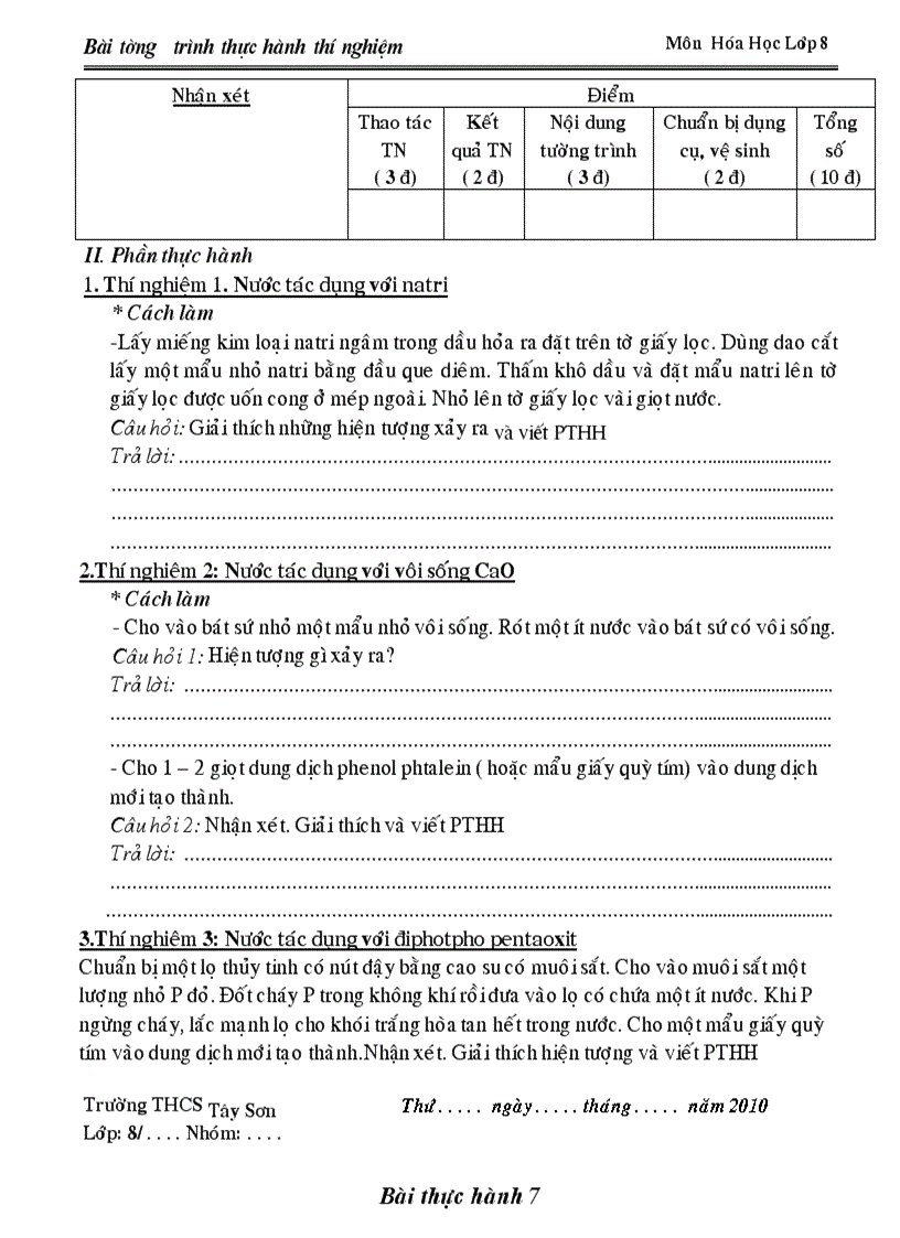 image for page Mâu các bài tường trình TN Hóa 8