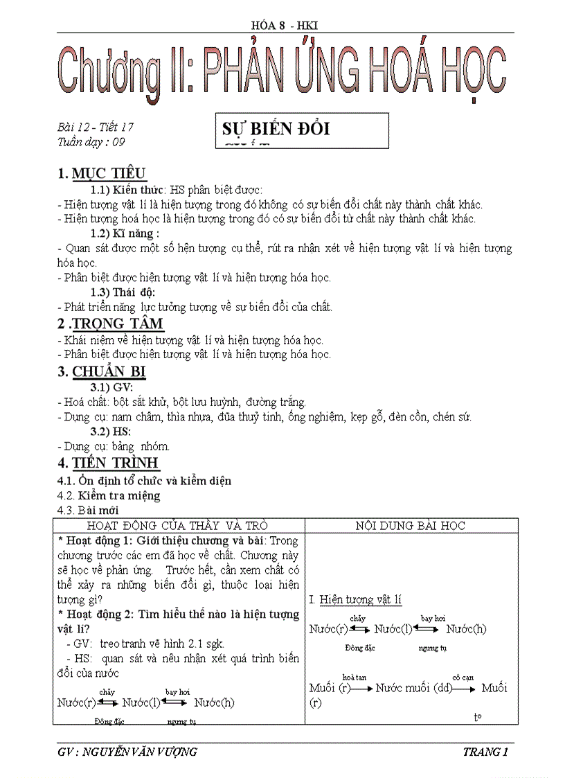 image for page Tiết 17 sự biến đổi chất hóa 8 nh 2011 2012