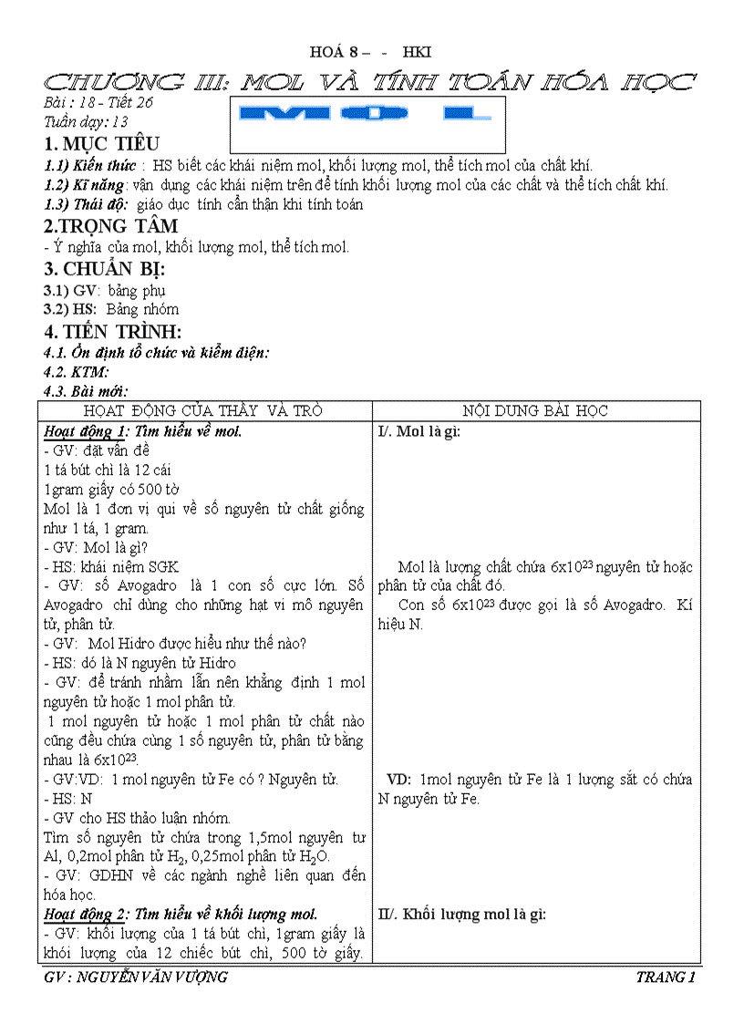 image for page Tiết 26 mol hóa 8 nh 2011 2012