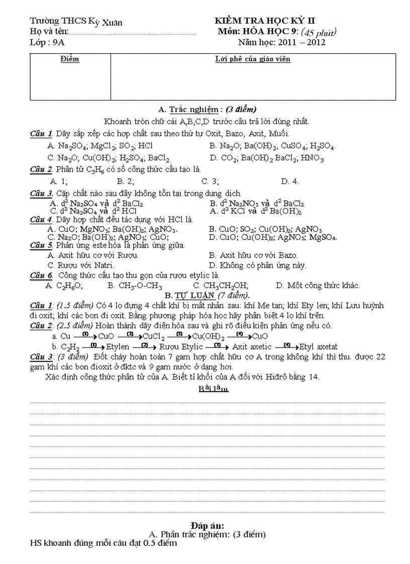 Đề Đáp án Kiểm tra HKII Hóa 9
