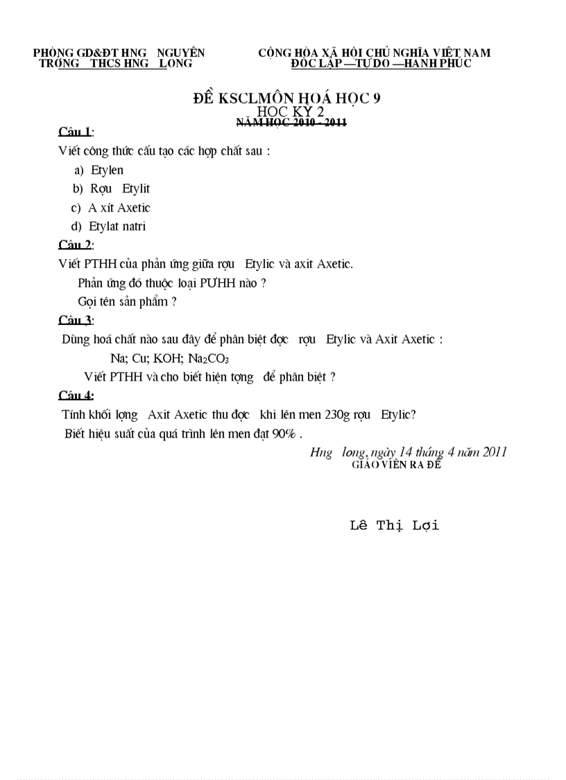 image for page Đề KSCL học ky2 HOÁ HỌC Lớp 9 2010 2011
