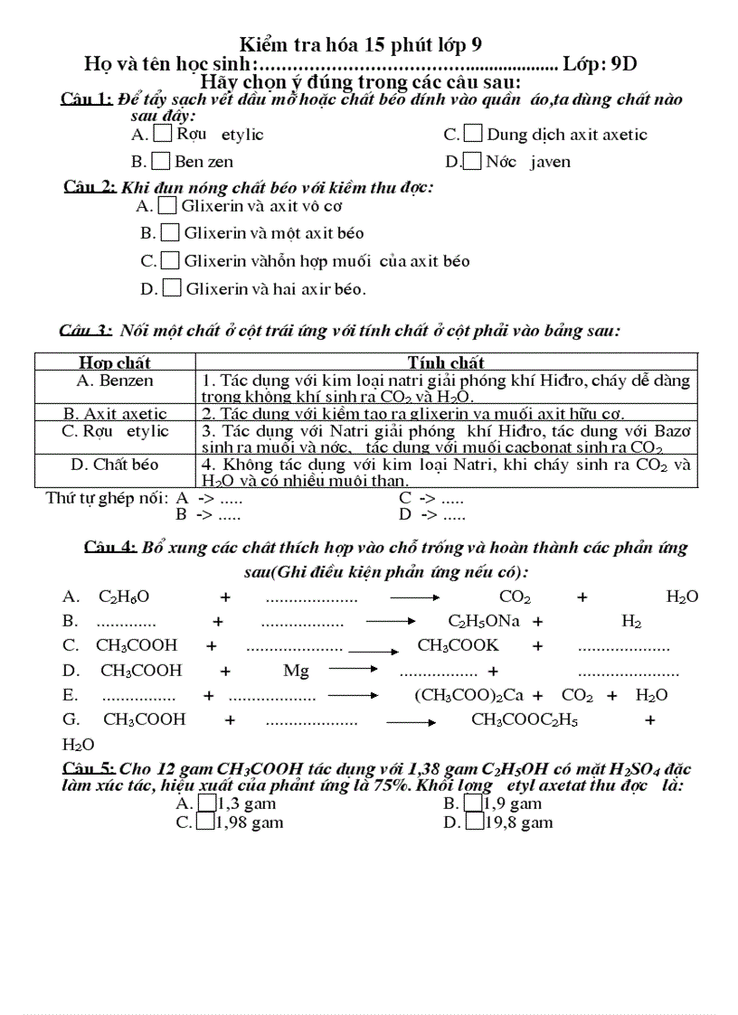 Đề KT 15 phút Hóa 9