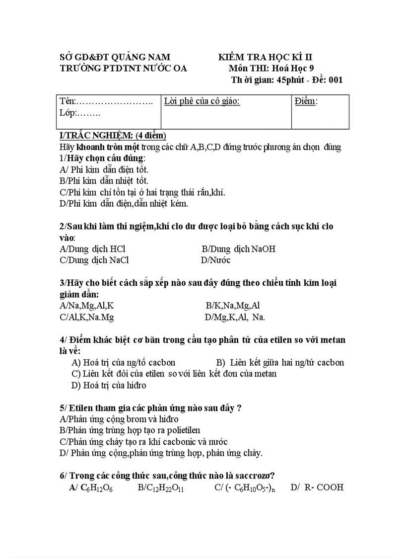 image for page Dề thi học kì II hóa 9 1
