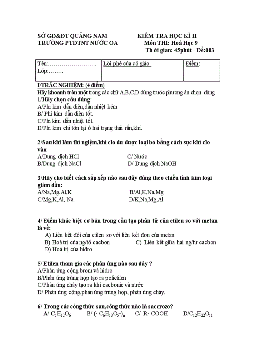 image for page Dề thi học kì II hóa 9 1