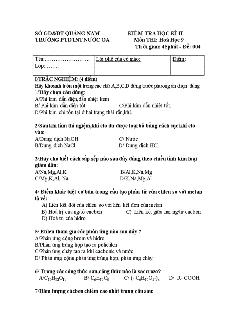 image for page Dề thi học kì II hóa 9 1