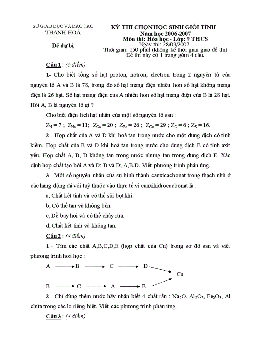 Đề thi HSG Hóa 9 Thanh Hóa dubi