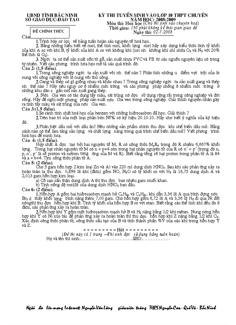 image for page Đề thi tuyển vào 10 chuyên Hoá Bắc Ninh 2008 2009
