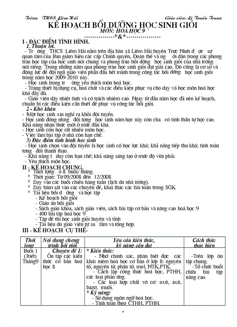 image for page Kế hoạch Bồi Dưỡng HSG Hoá 9 của GV