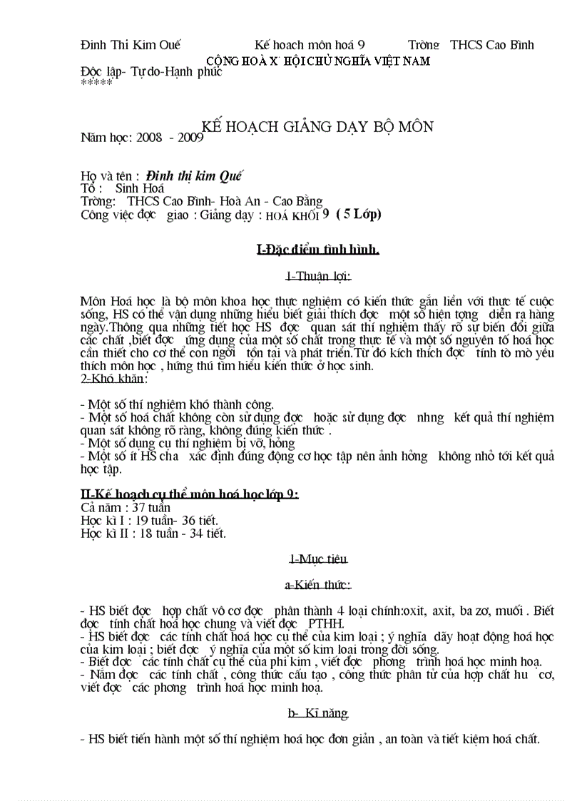 image for page Kế hoạch môn hóa 9 dùng được