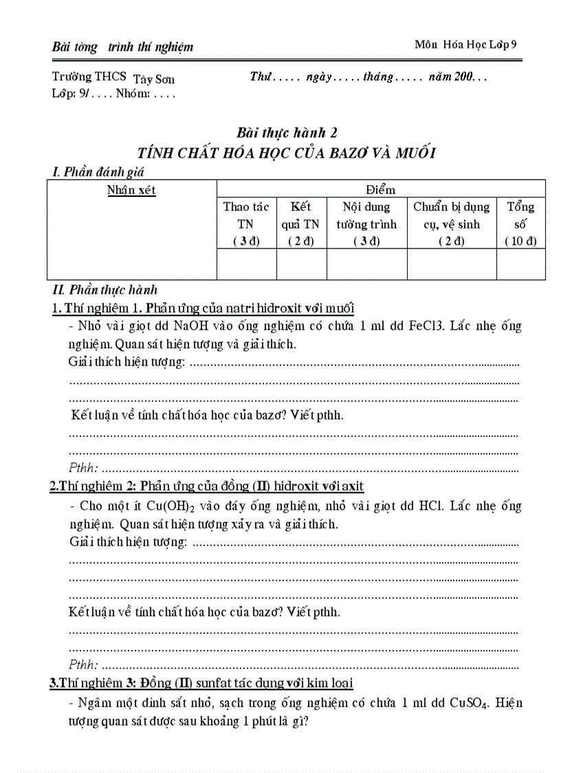 image for page Mẫu các bài tuong trình TN Hóa 9