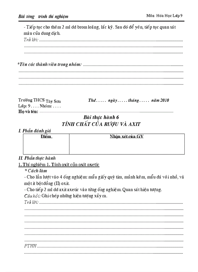 image for page Mẫu các bài tuong trình TN Hóa 9