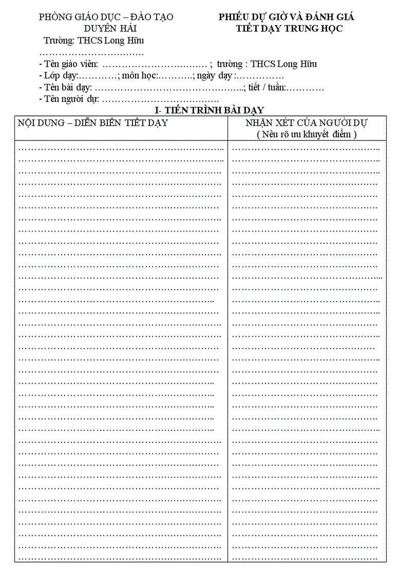 image for page Phiếu đánh giá tiết dạy