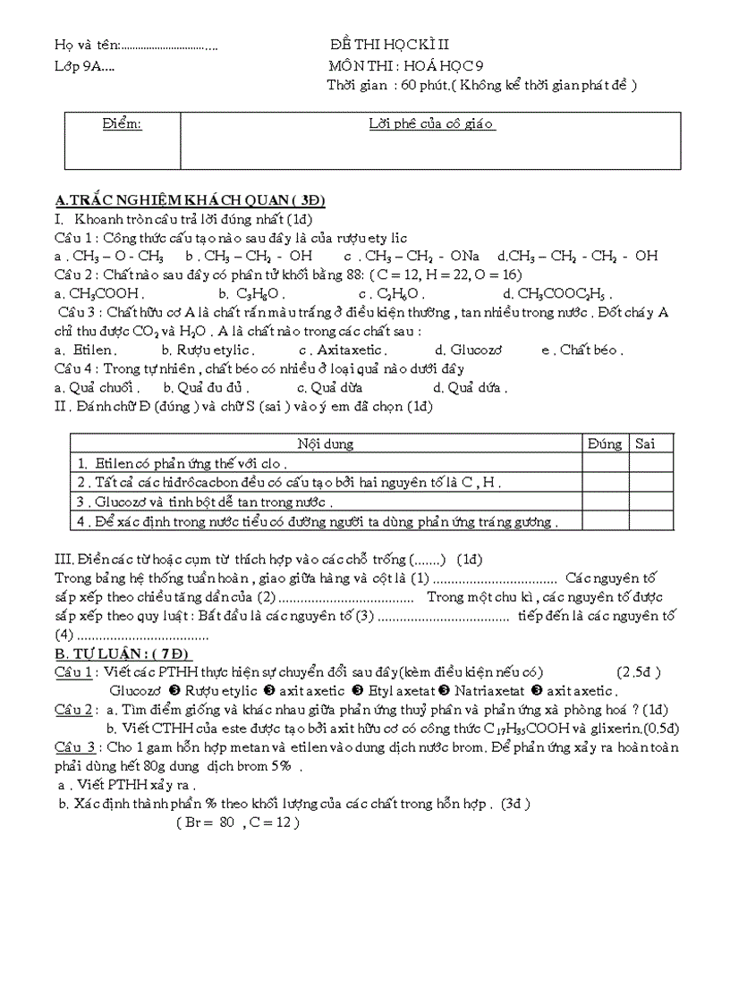 Thi HK hoa 9 bai 3 2010