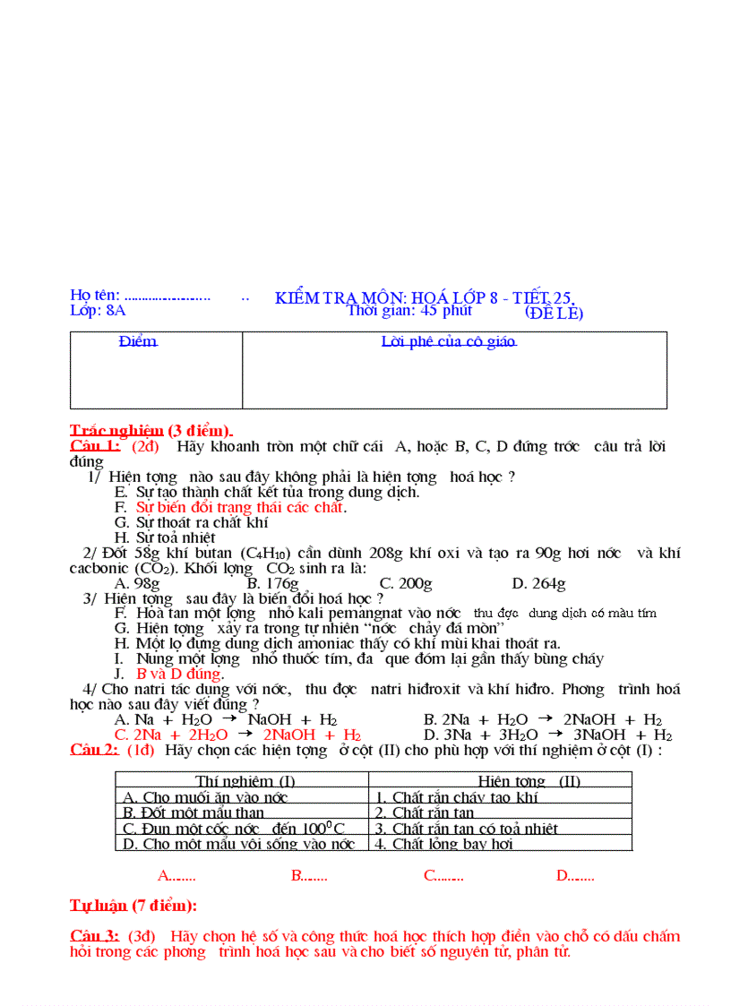 Tiết 25 kiểm tra môn hoá 8