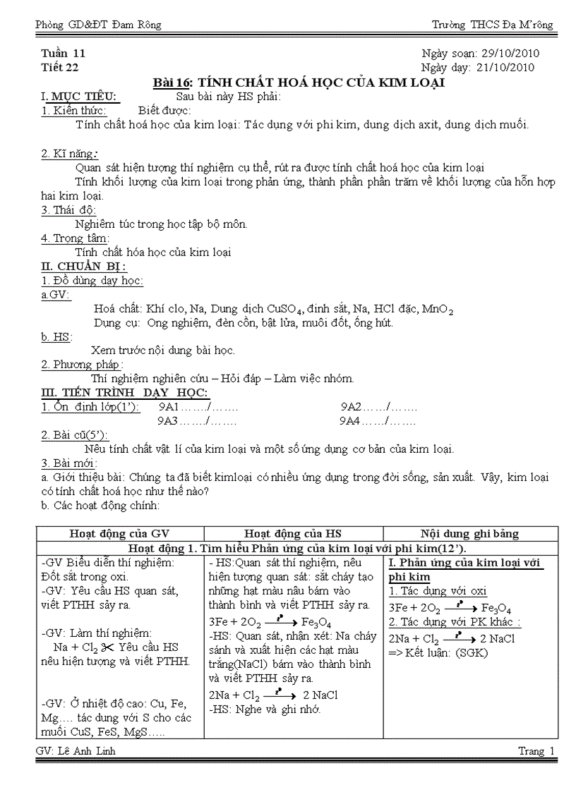 image for page Tuần 11 Tiết 22 Tính chất hóa học của kim loại