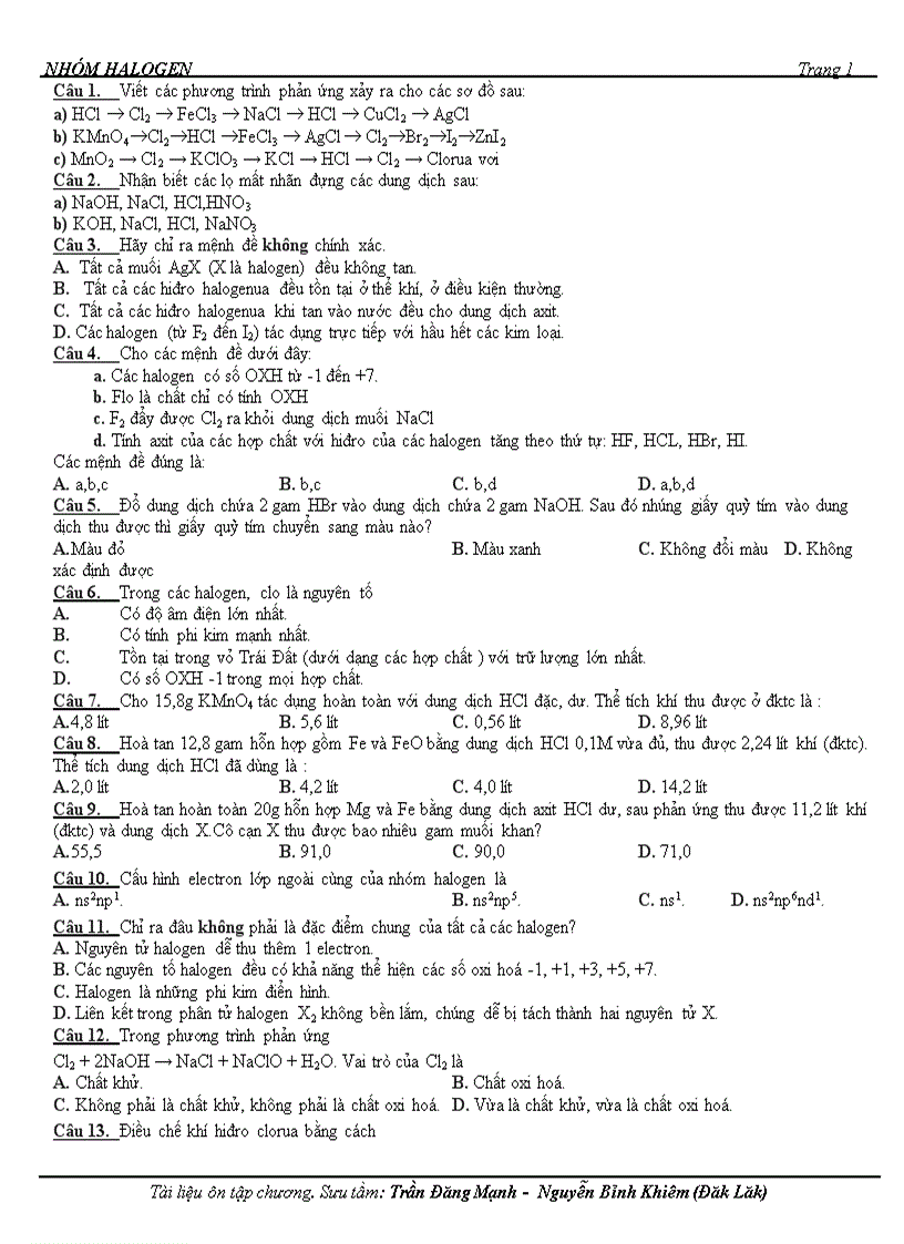 image for page Bài Tập Chương Halogen 1