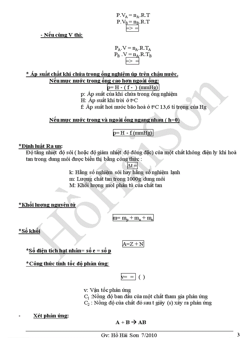 Công thức định luật giải toán hóa học phổ thông