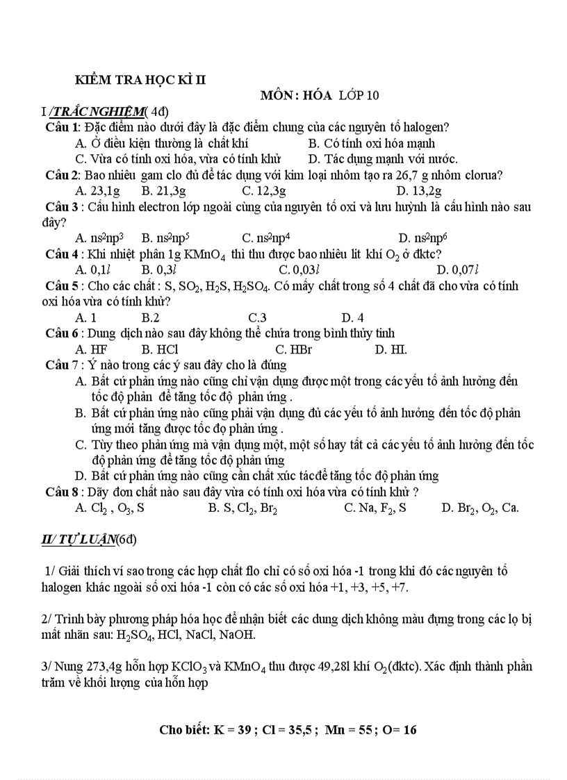 image for page Đề Hóa 10 KT HK II số 15