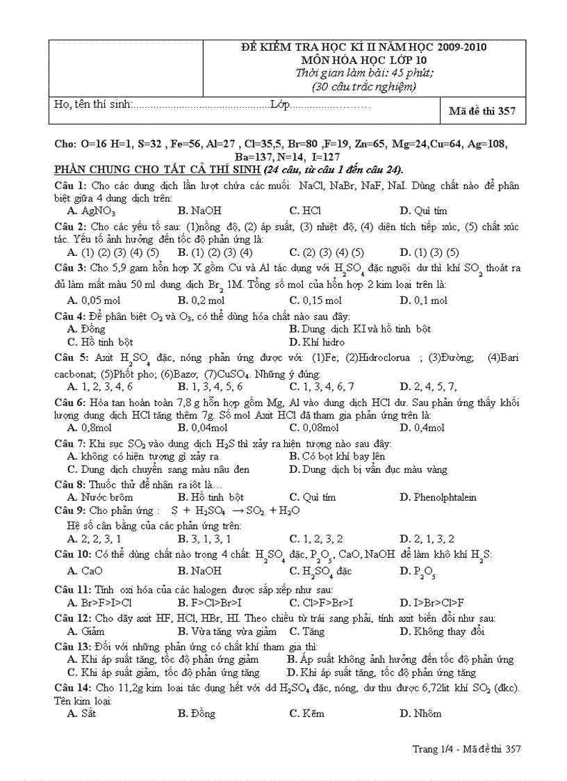 image for page Đề KT Hoá 10 HK II 2