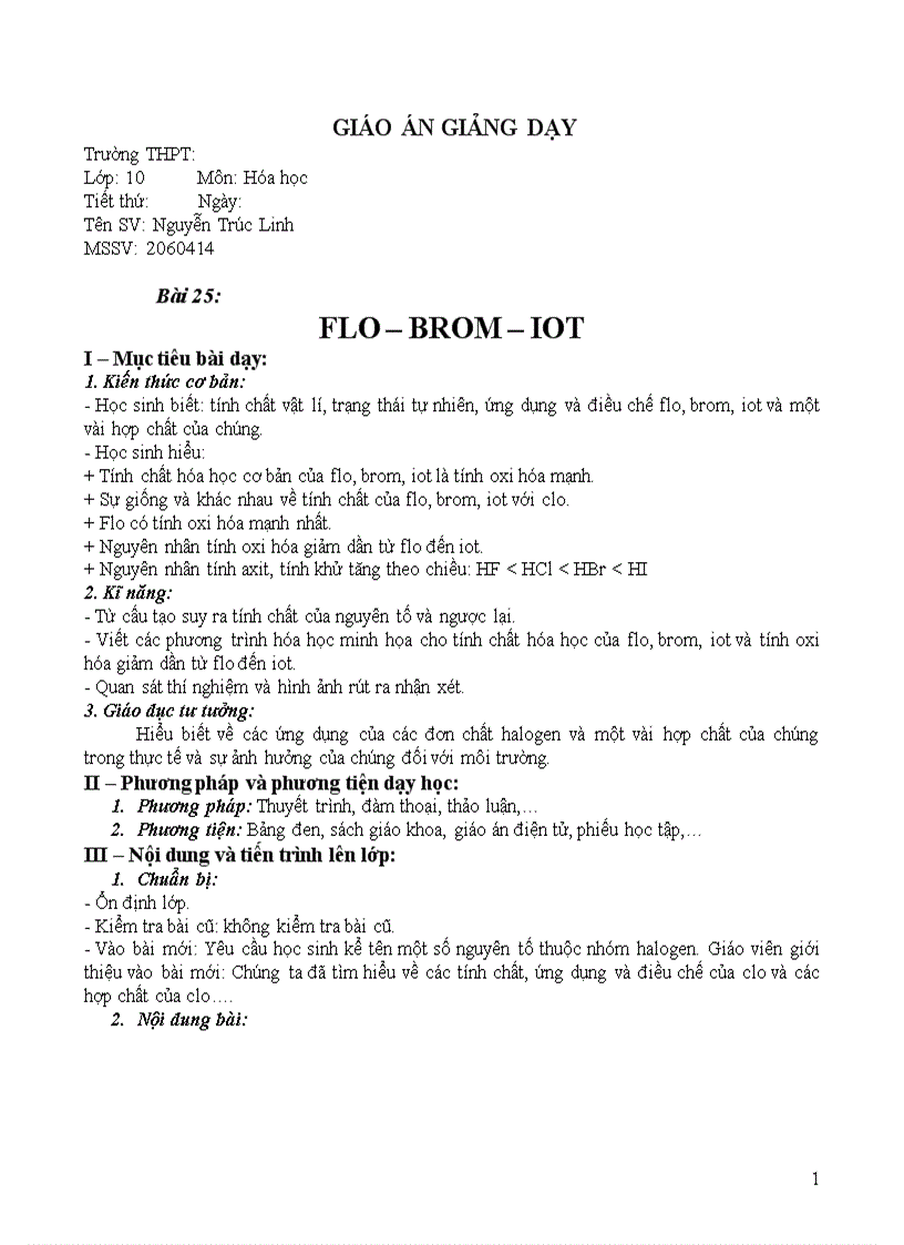 Giáo án bài Flo Brom iot đầy đủ 3 cột