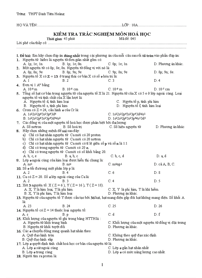 Kiểm tr hóa học 10 chương 1 Hay