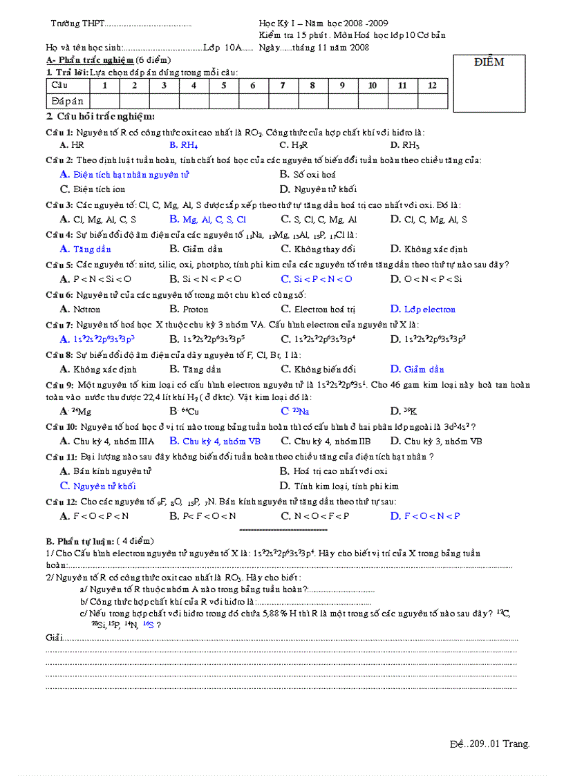 Kiểm tra 15 BTH 10 CB đề 209