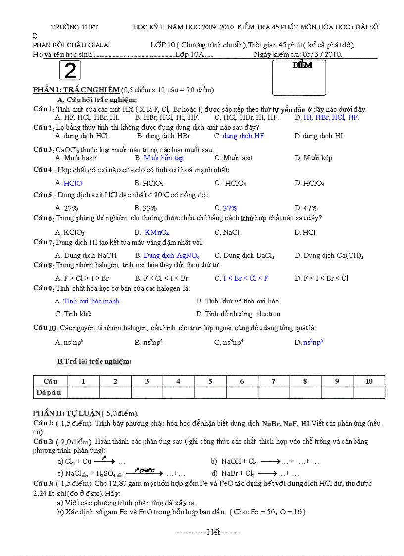 image for page Kiểm tra 45 phút chương halogen 10CB