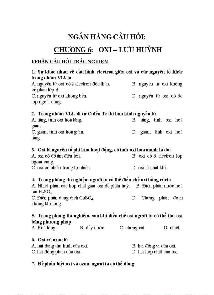 image for page Ngân hàng câu hỏi ôn tập hoá 10 chương oxi