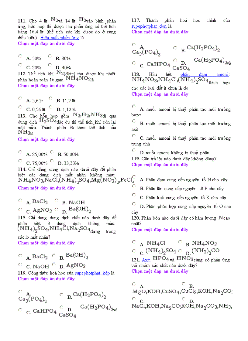 image for page 151 Câu Trắc Nghiệm Chương NItơ Phốt Pho