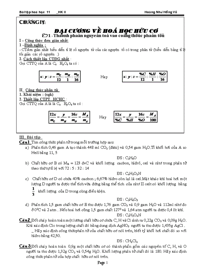 Bài tập hóa học 11 HK II 2011 2012